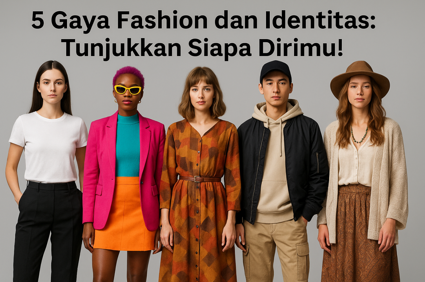 Lima orang dengan gaya fashion berbeda yang merepresentasikan minimalis, eksperimental, vintage, streetwear, dan boho sebagai ekspresi identitas diri