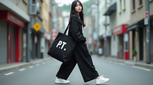 Fashion 2025 PT – gaya streetwear modern dengan tote bag hitam dan celana oversized trendi