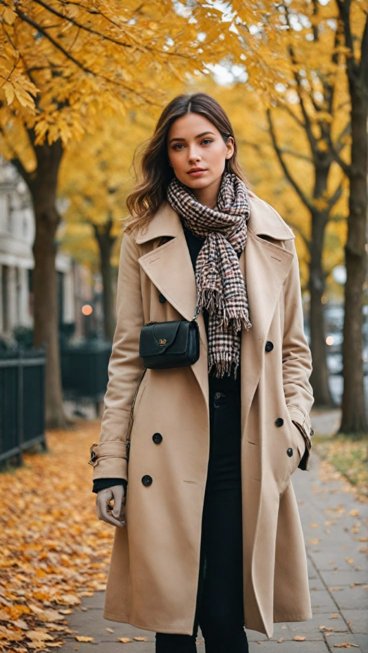 Wanita dengan outfit street style elegan mengenakan mantel panjang cokelat saat berjalan di jalanan musim gugur
