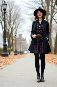 Wanita mengenakan gaun polkadot retro dengan aksesori vintage klasik yang elegan
