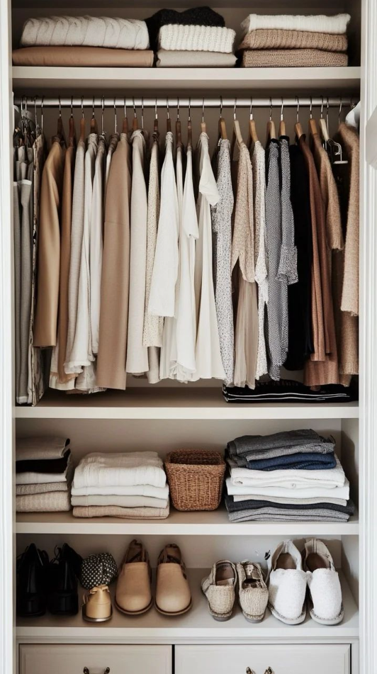 Lemari pakaian rapi dengan koleksi outfit formal, kasual, dan spesial sebagai inspirasi Bangun Wardrobe Inti.